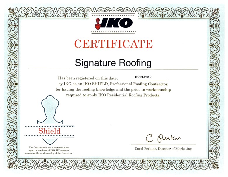 IKO Signature Roofing Certificate